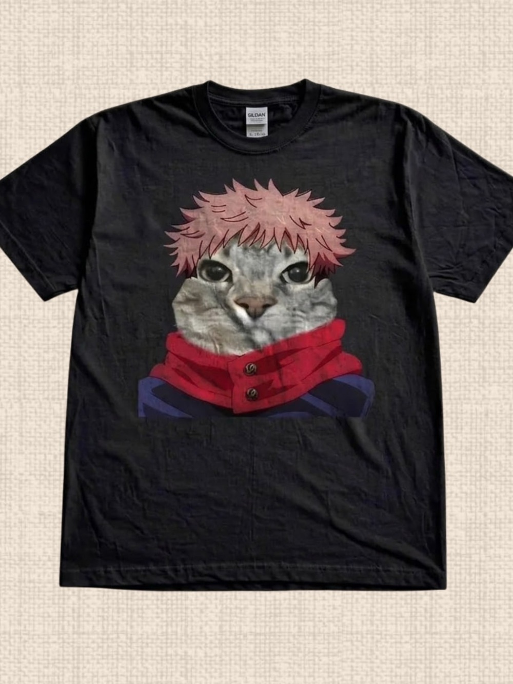 Gildan Black Tee with Pink‑Haired Cat and Red Scarf